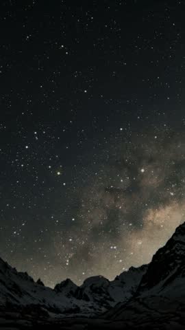 A breathtaking night landscape featuring partially snow-covered mountains beneath a magnificent star-filled sky.