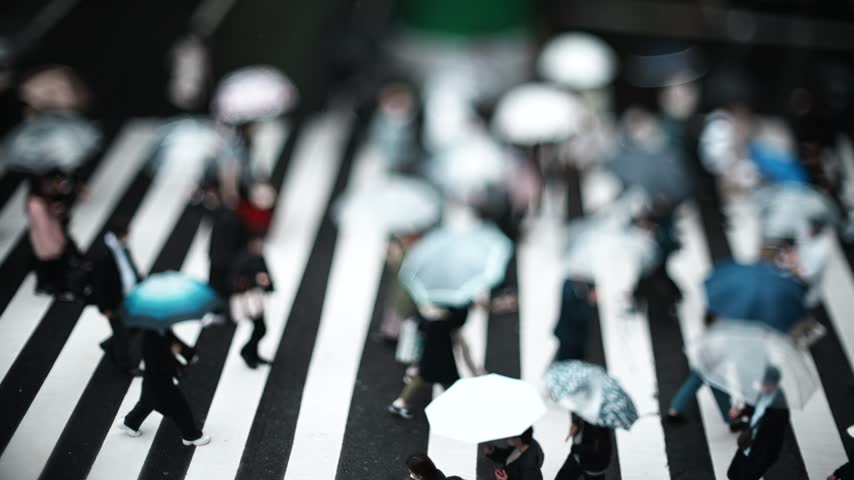 Crowd Crossing a Crosswalk on a Rainy Day in Osaka