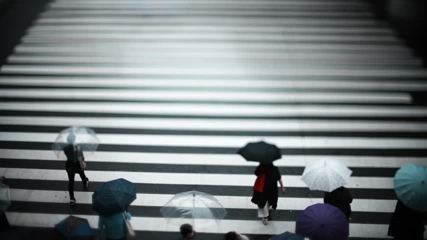 Crowd Crossing a Crosswalk on a Rainy Day in Osaka