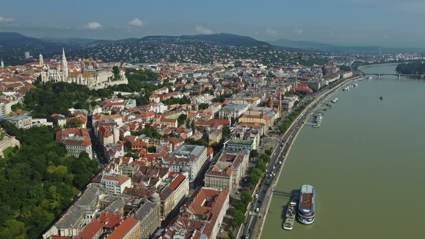 Aerial view of the historic city of Budapest with the Danube river, Matthias Church, and Fisherman