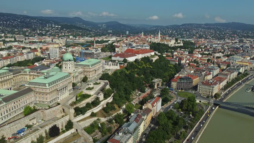 Aerial view of Buda Castle and the surrounding historic district in Budapest, Hungary.