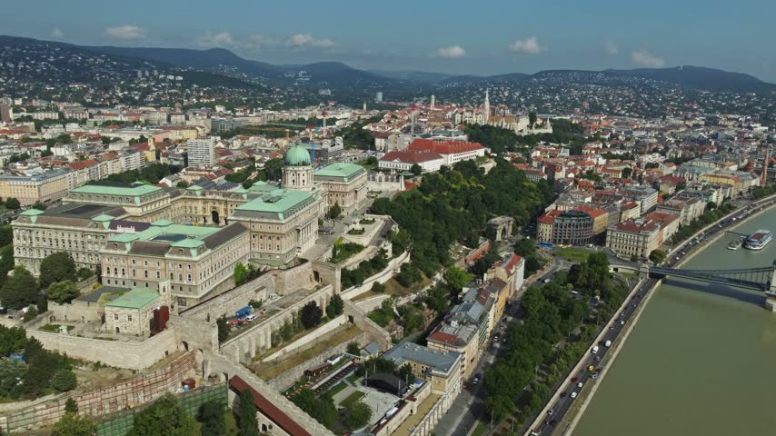 Aerial view of Buda Castle and the historic cityscape along the Danube River in Budapest, Hungary.