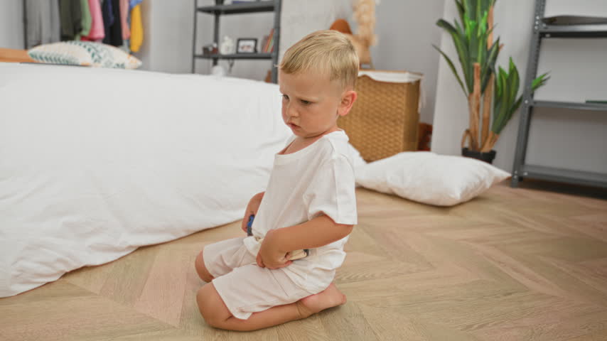 Boy sitting on floor holding blue toy car, face and hand visible near bed and plant in building bedroom; quiet curiosity playtime.