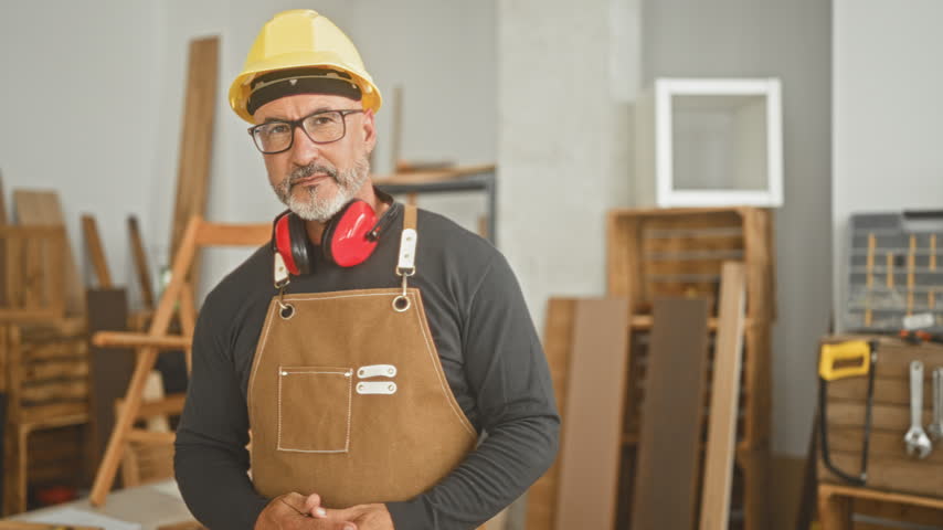 Man wearing hardhat, apron and red ear protectors, arms crossed, smiling by stacked lumber and workbench in a building; confidence craftsmanship.