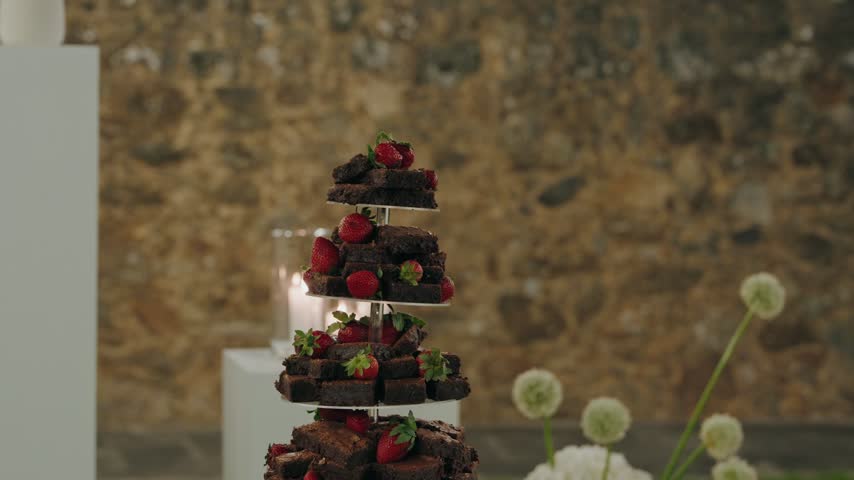 Sweet buffet at a reception in a stone walled venue in Portugal, with allium blooms and a candle on a white plinth beside the cake stand.