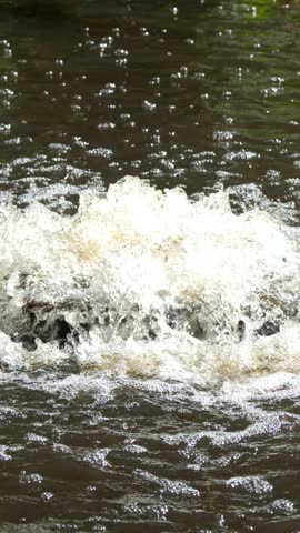Close-up of churning bubbly water and foam from an outdoor pond aeration fountain.