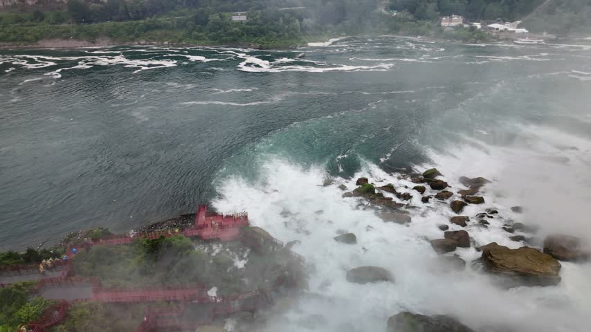 Niagara falls aerial view showing powerful flowing water and observation deck