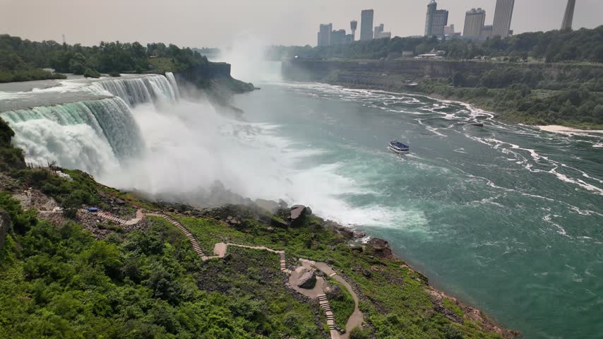 Niagara falls panorama with american falls and tourist boat