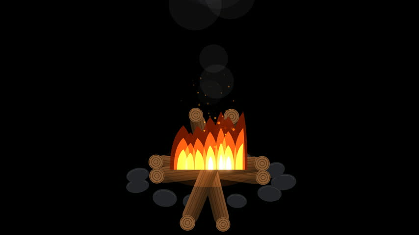 Campfire loop showing cartoon logs burning with bright orange flames rising sparks and soft smoke against a black background