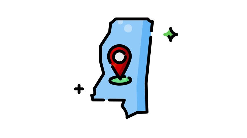 Animated Blue mississippi map with red location marker, ideal for travel guides, regional promotions, educational materials, and digital navigation projects or design.