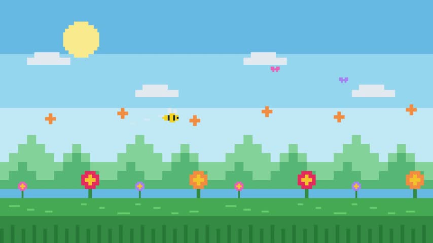 Pixel art bee flying over green landscape with flowers and sun