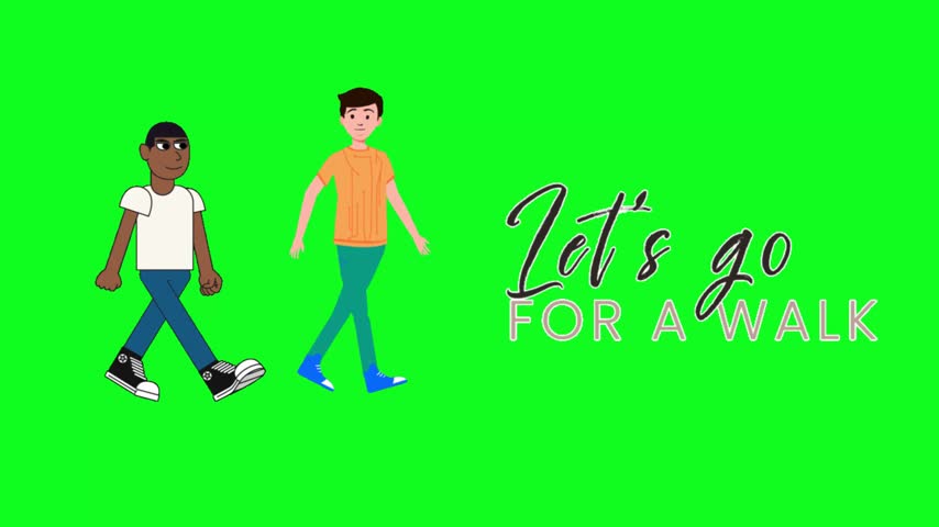 Two cartoon men walking with lets go for a walk text on green. Animated men walking on green background with lets go for a walk text.