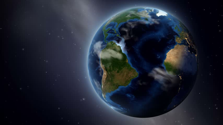 Satellite view 3D animation zooming into South America and highlighting Peru with statistical data. Includes NASA public domain imagery.