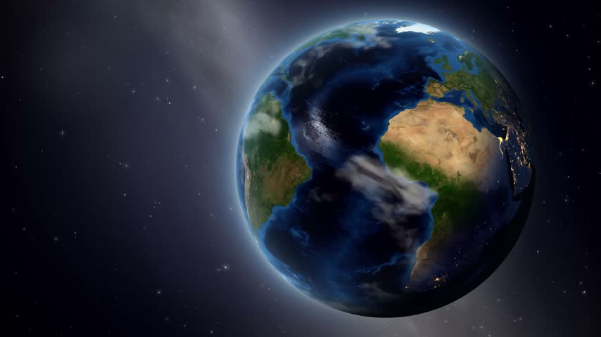 Satellite view zooms from outer space into South Africa with detailed country data infographic. Includes NASA public domain imagery.