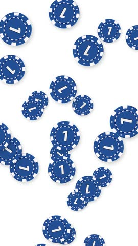 Blue casino chips with number one fall and bounce against a clean white background.