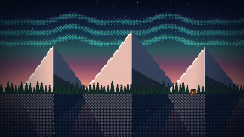 4K looping pixel art animation of Alaskan wilderness featuring snow-capped mountains dancing northern lights aurora borealis alpine pine forest and reflective glacial lake