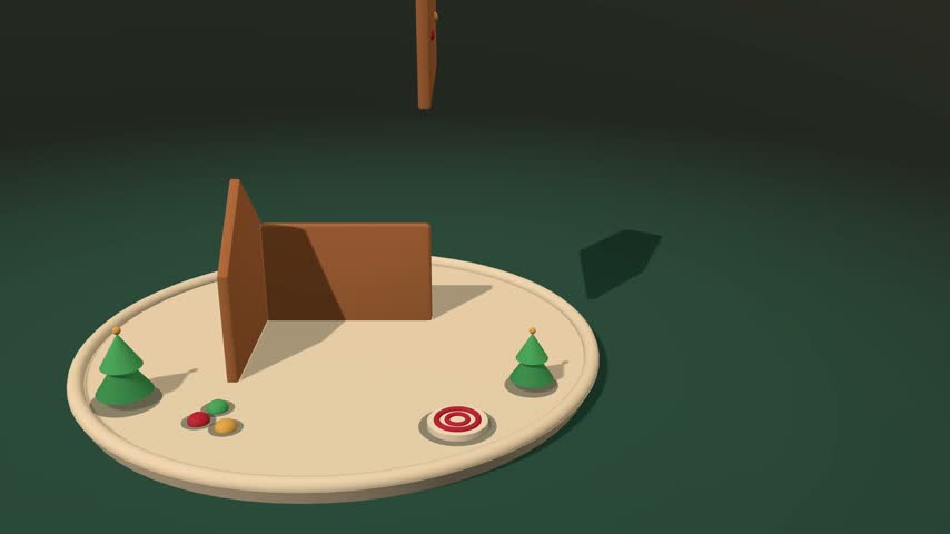 A 3D render of a stylized gingerbread house on a circular base with small christmas trees and candy decorations against a dark background