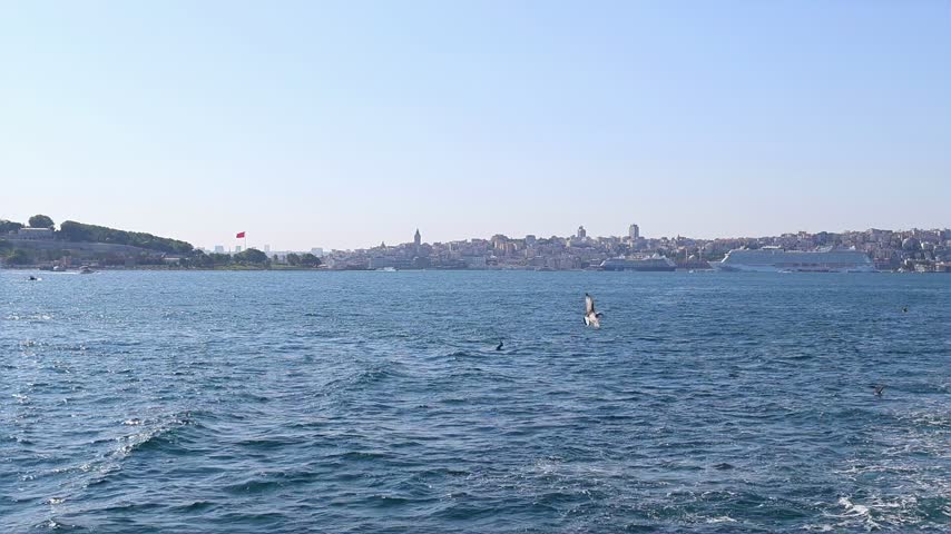Wide view across the Bosphorus in Istanbul, Turkey, with blue water, distant city skyline and a Turkish flag visible along the shoreline under a clear bright sky. Calm coastal travel background