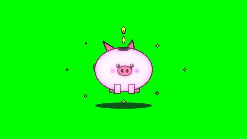 Cute cartoon pink piggy bank saving coins with sparkling stars on a green screen chroma key background, seamless 4K motion loop for financial and savings video overlays