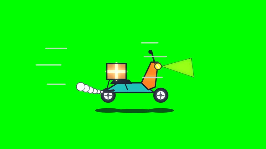 Cute cartoon delivery scooter with a parcel box and motion speed lines on a green screen chroma key background, seamless 4K motion loop for shipping and logistics video overlays