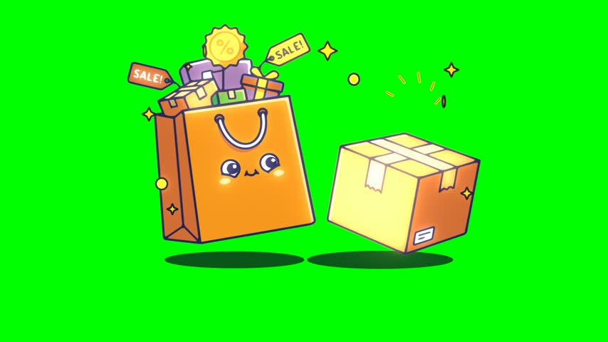 Cute cartoon shopping bag and parcel box clipart with sale tags and sparkling stars on a green screen chroma key background, seamless 4K motion loop for e-commerce and retail video overlays