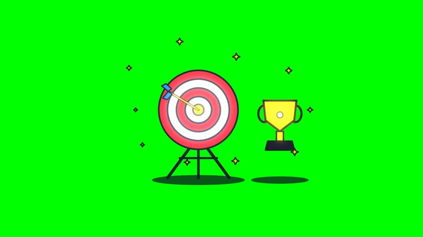 Cute cartoon target bullseye with an arrow and a golden trophy cup with sparkling stars on a green screen chroma key background, seamless 4K motion loop for business success video overlays