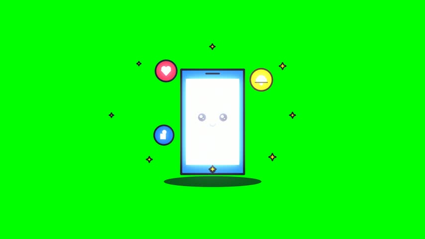 Cute cartoon blue smartphone clipart with social media notification icons, likes, and sparkling stars on a green screen chroma key background, seamless 4K motion loop