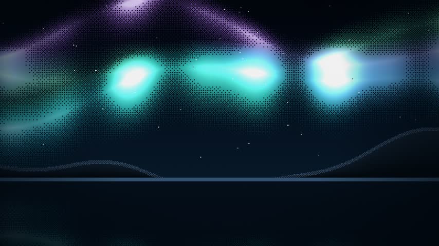 Enchanting 4K looping retro pixel art animation of vivid green and magenta northern lights aurora borealis waving across the starry Arctic night sky above a snowy evergreen pine forest