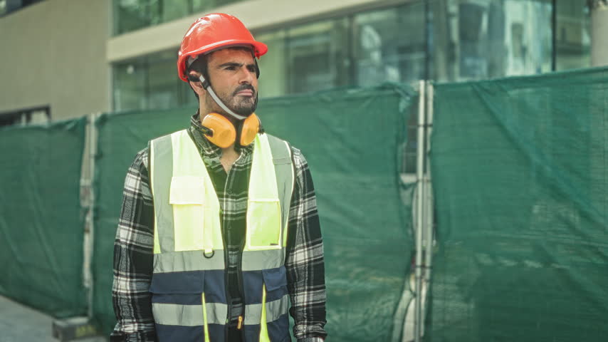 Man in orange hardhat, yellow reflective vest and earmuffs standing hands on hips in front of building with green safety mesh fencing and visible scaffolding; confidence.