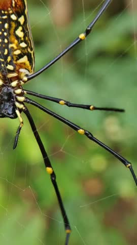 Close-up macro shot of a Giant Wood Spider (Nephila pilipes) weaving a web outdoors.