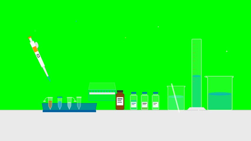 Flat-style illustration of laboratory glassware, test tubes, measuring cylinders and chemistry experiment equipment arranged on a workbench against a bright green background.