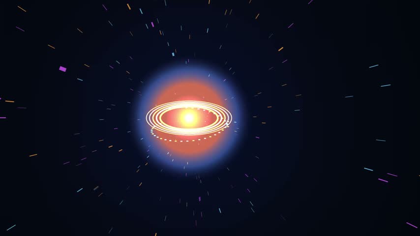 A vibrant glowing star surrounded by rotating orbital energy rings amidst a starfield