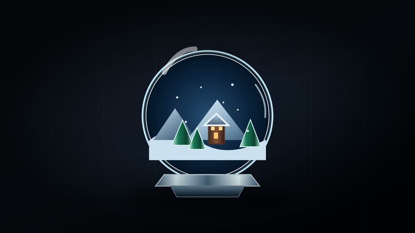 Snow globe with winter village house and pine trees on dark blue