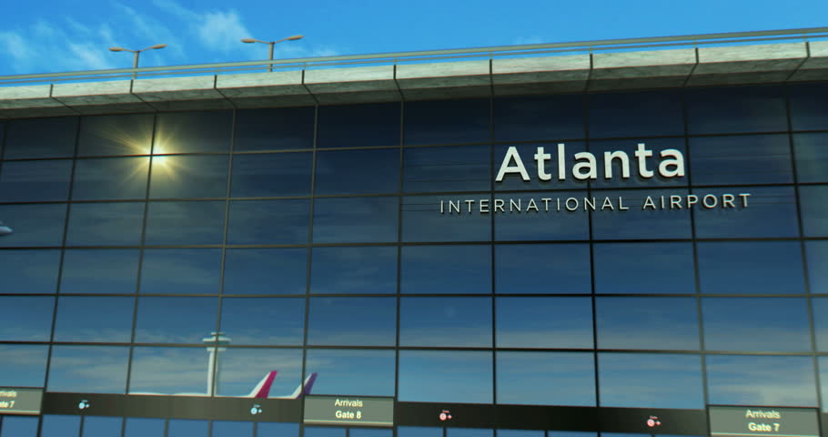 Atlanta airplane landing. Jet plane airliner travel to Georgia USA, United States and terminal airport arrival.
