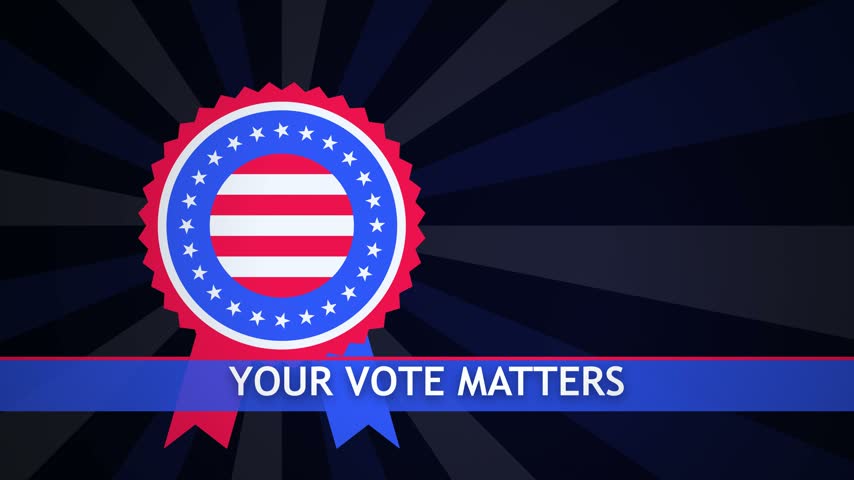 Patriotic motion graphic featuring a "Your Vote Matters" badge animation with American flag elements and banners for US Election Day campaigns.