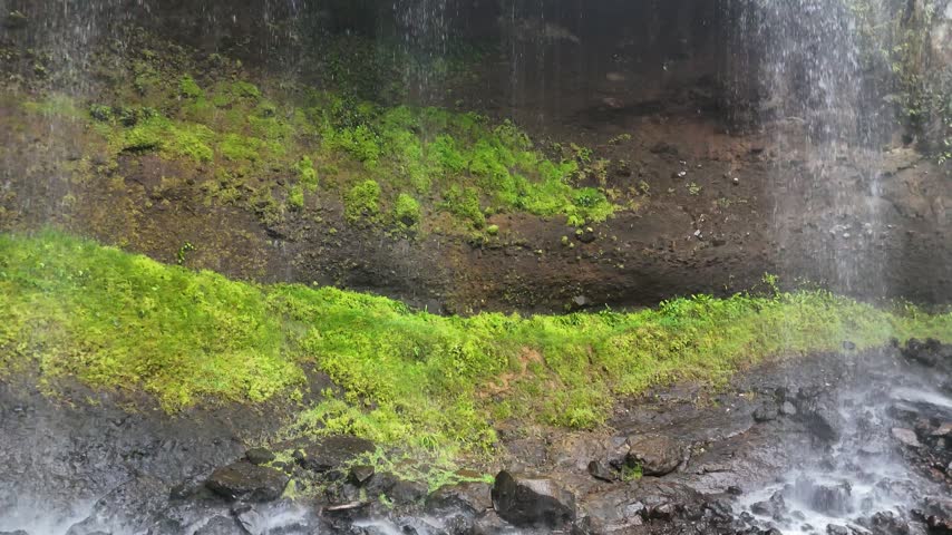 Slow motion view of water curtain flowing over vibrant green moss and rocky cliff face.