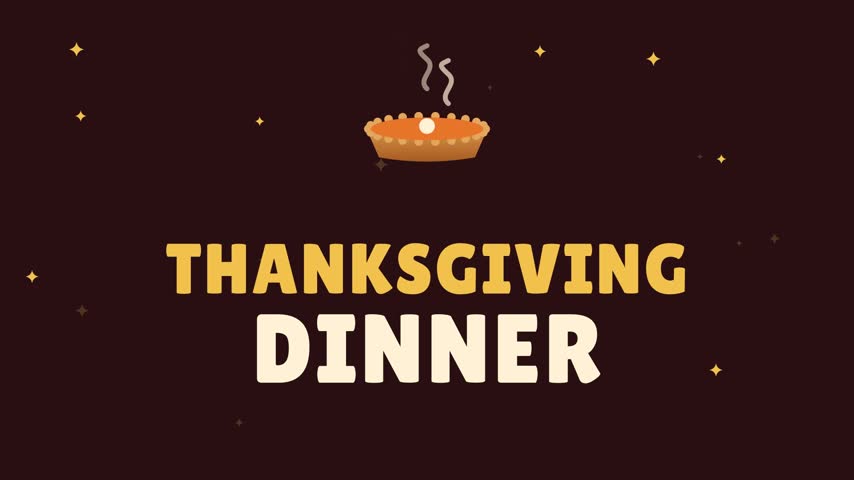Thanksgiving Dinner animated typography with pie on dark background, Thanksgiving seamless loop