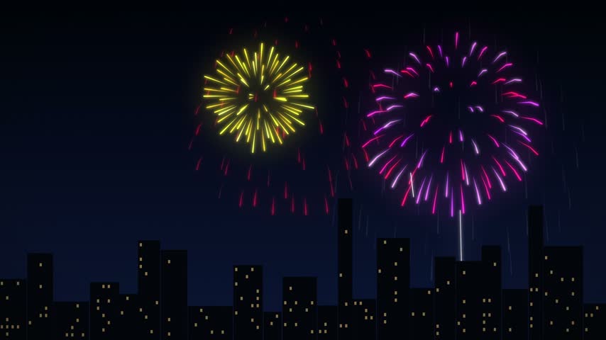 Colorful fireworks bursting over a city skyline at night, New Year celebration, seamless loop