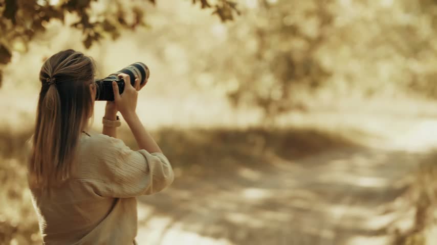 Photographer holding camera with telephoto lens to capture nature scene in outdoor park during sunset for wildlife observation and travel photography hobby. photographer points telephoto lens. Camera captures distant object clearly 
