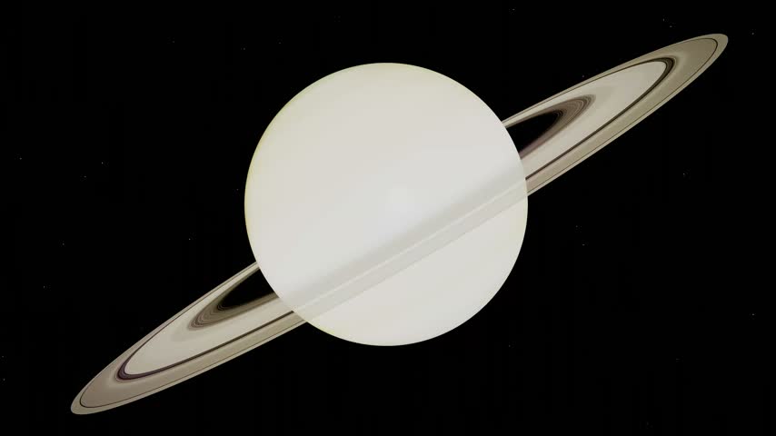 3D animation of planet Saturn rotating in outer space, showcasing its iconic concentric rings and smooth gas giant sphere isolated on a black cosmos background.