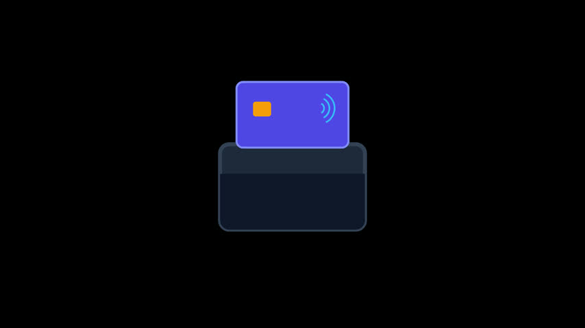 An animated dark slate leather wallet with a front pocket where an indigo credit card with a gold smart chip and contactless radiating waves slides up and down