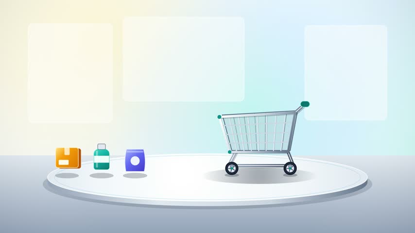 Unbranded product boxes and bottles hopping into a sleek 2.5D shopping cart with a checkmark pulse in a retail studio loop.