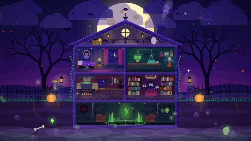A whimsical animated cutaway of a spooky mansion at night featuring glowing magical rooms pumpkins a bubbling cauldron a library and a mysterious glowing basement
