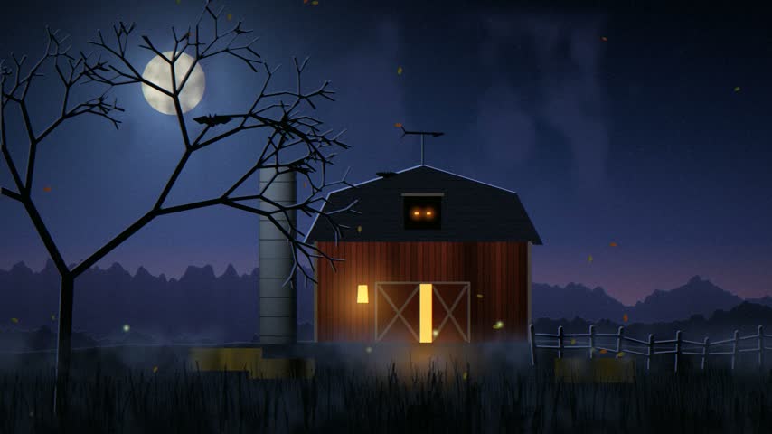 Realistic animation of an old red barn and silo on a hill at night, light spilling through a gap in the doors, a pair of glowing eyes blinking in the hayloft, a lantern swinging by the door, a weathervane creaking in the wind, bats flying under a full moon, drifting leaves and low fog. Seamless loop, Halloween concept.