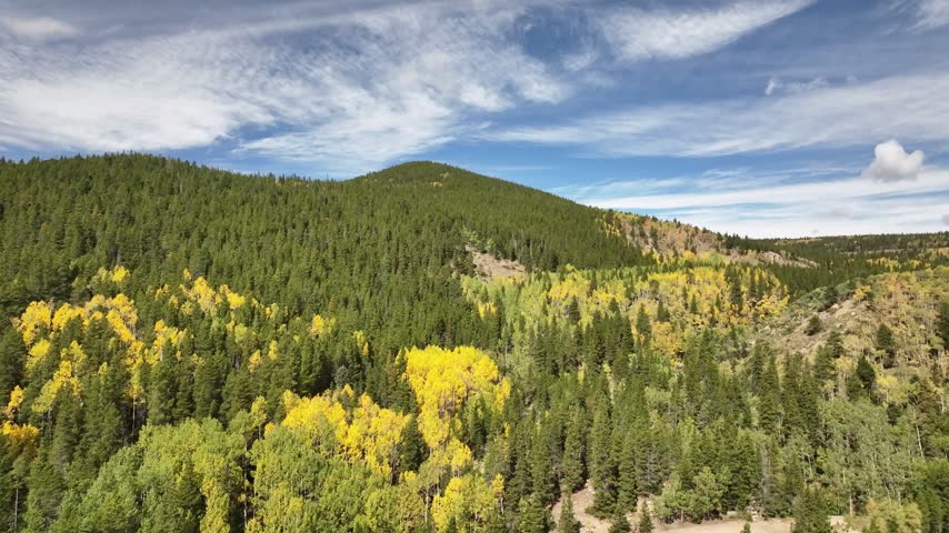 Colorado rockies showing golden aspens and pine forests mountain vista.