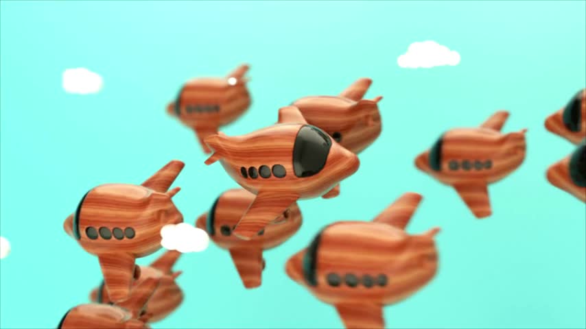 Wooden airplanes flying through the sky with clouds in a 3D animated loop