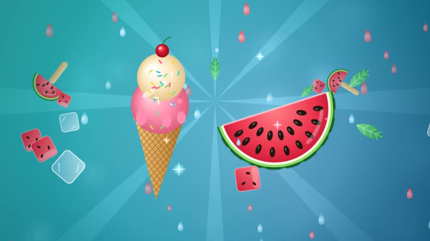 Colorful vector illustration of delicious ice cream cone and fresh watermelon slices floating against blue background