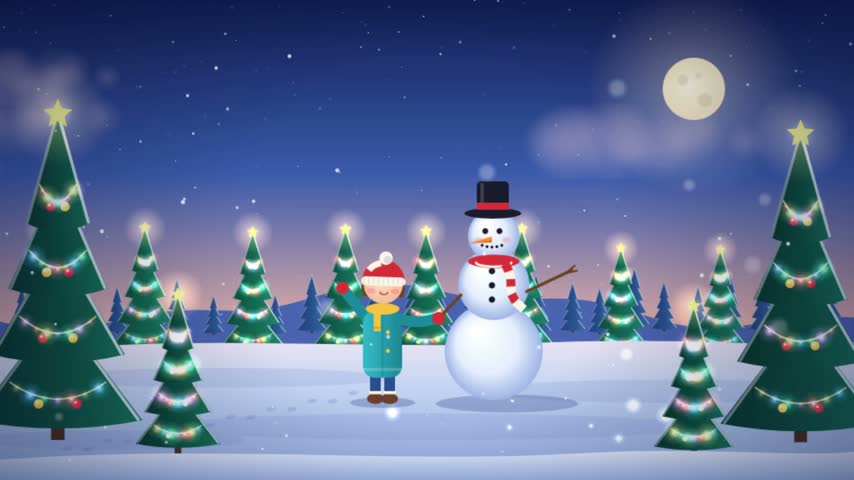Cheerful young child wearing warm winter clothing standing happily next to a friendly snowman outdoor during snowfall