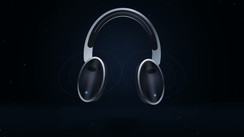 Motion graphics animation of floating over-ear headphones, with cool blue studio lighting on a dark background, for product commercials, tech promos, and marketing videos