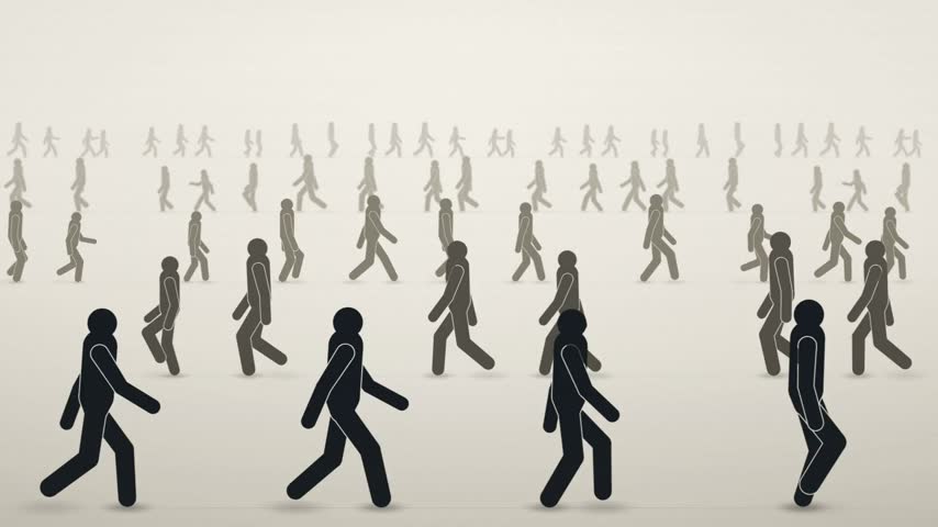 Walking crowd of people silhouettes moving in layered depth, flat pictogram figures on warm beige, seamless loop background for society or population concept presentations